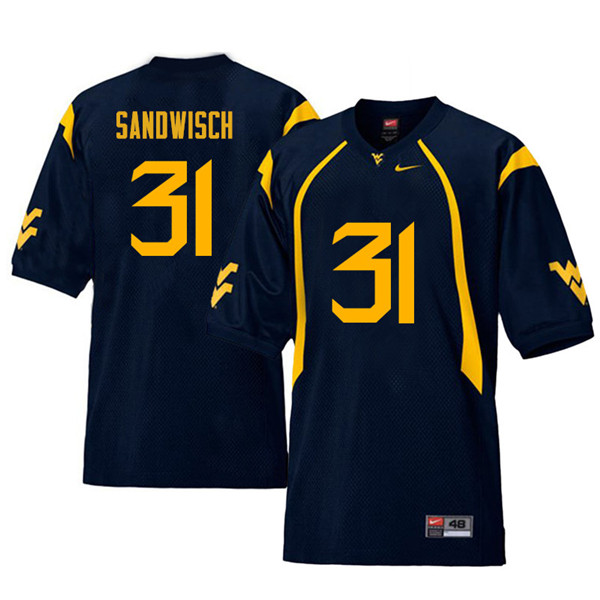 Men #31 Zach Sandwisch West Virginia Mountaineers Retro College Football Jerseys Sale-Navy